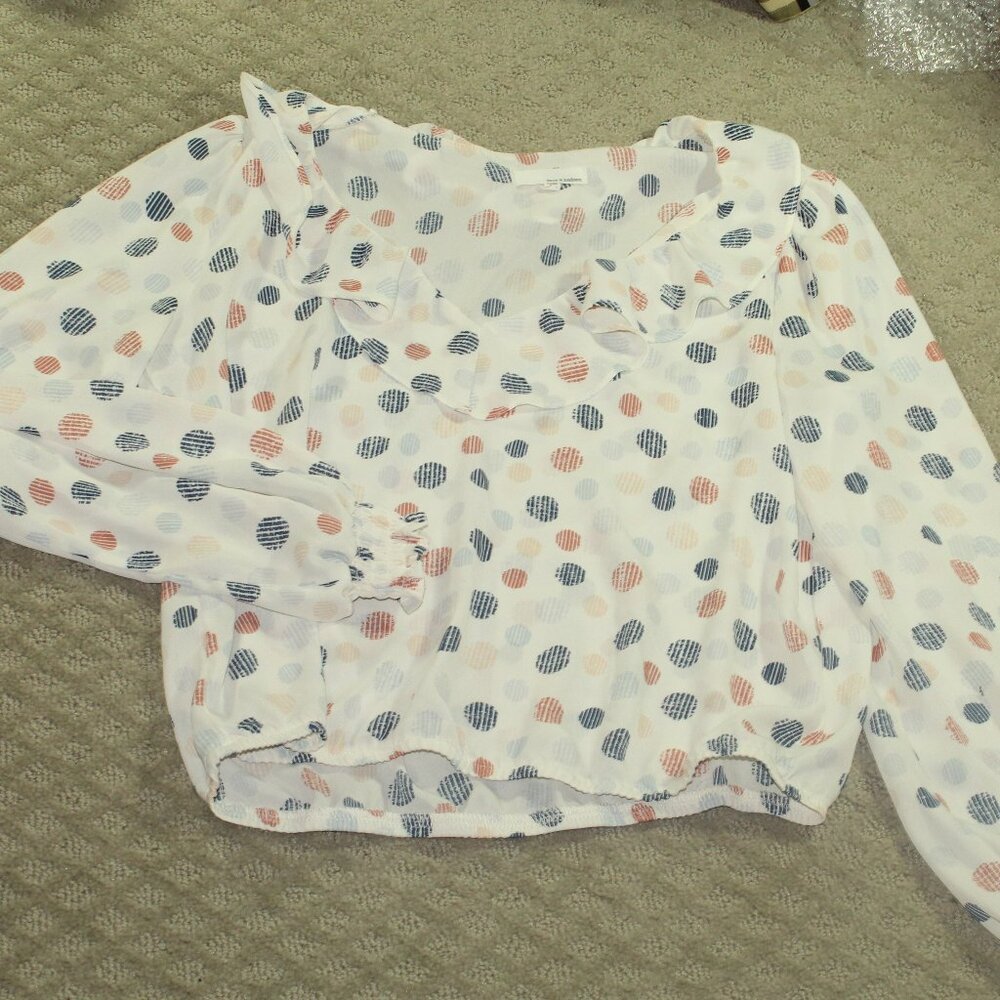 June & Hudson Size M Blue and Terracotta Polka Dot Blouse